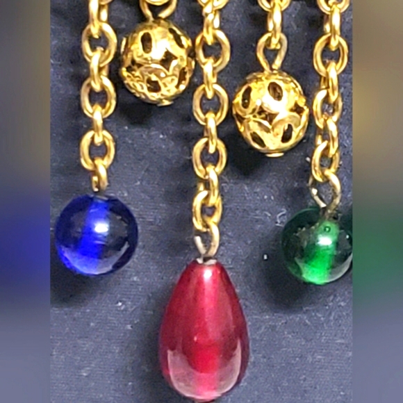 Antique Long Pretty Blue, Red, Green Cabochon Drop Dangle Beaded Earrings Matte. - Picture 3 of 8